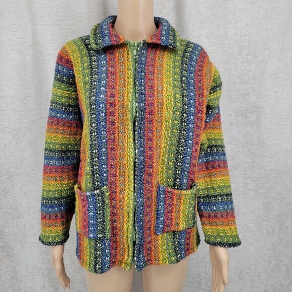Vintage Hippie Wool Rainbow Woven Knit Full Zip Jacket Unisex 70s? - Picture 1 of 11